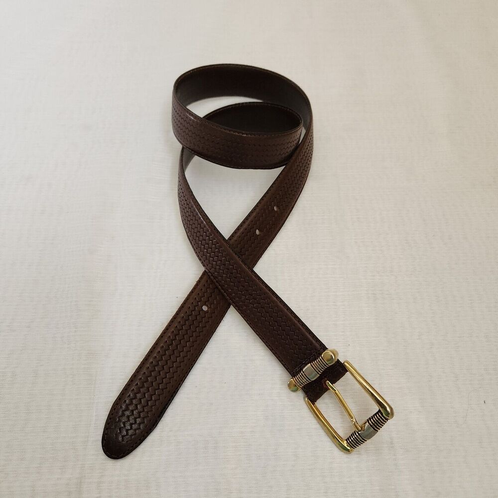 Mens Belt Size 42 Brown Embossed Genuine Leather Gold Hardware Western Dressed